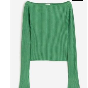 Rib knit boatneck Green Ribbed Women's Sweater top Christmas, Holidays
